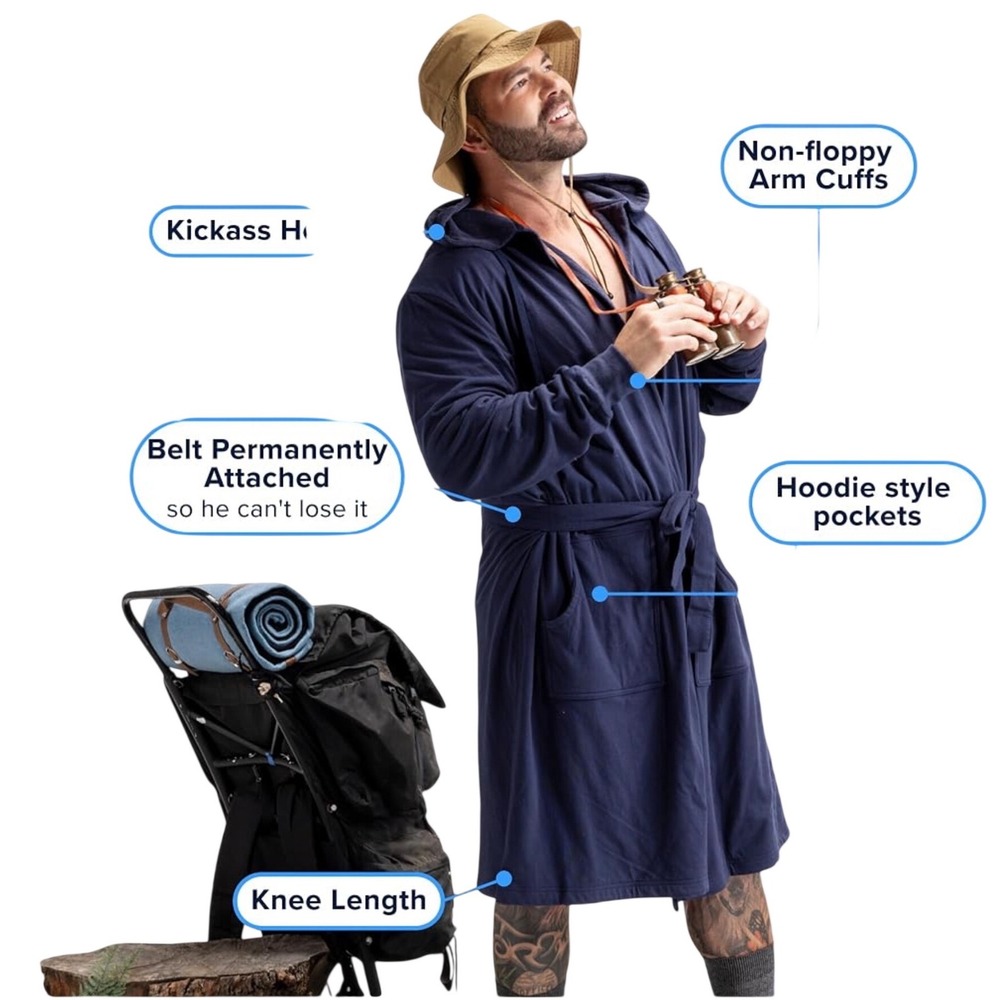 DudeRobe Men's L/XL Navy Hooded Terry Bathrobe Shark Tank Hoodie Robe Belted